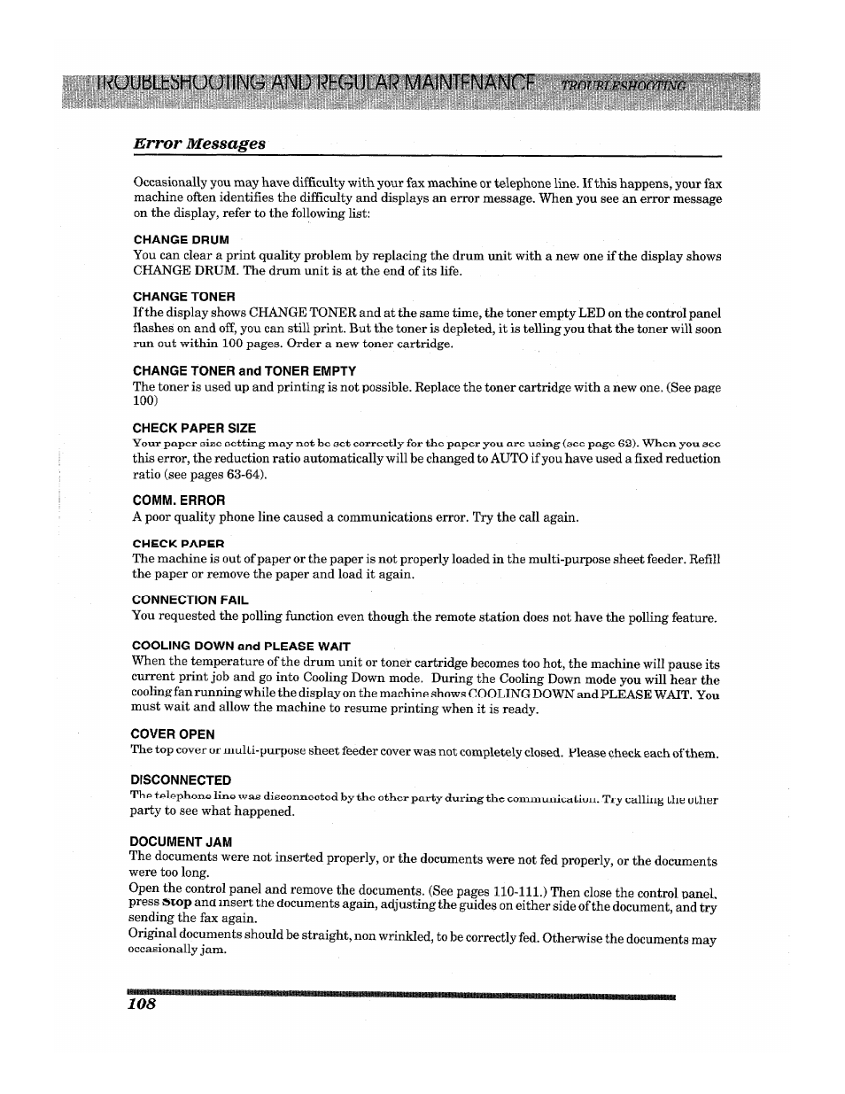 Error messages, Ikuubltjjhkjulinc:? and rhgular maintenancf | Brother INTELLIFAX 3650 User Manual | Page 116 / 144