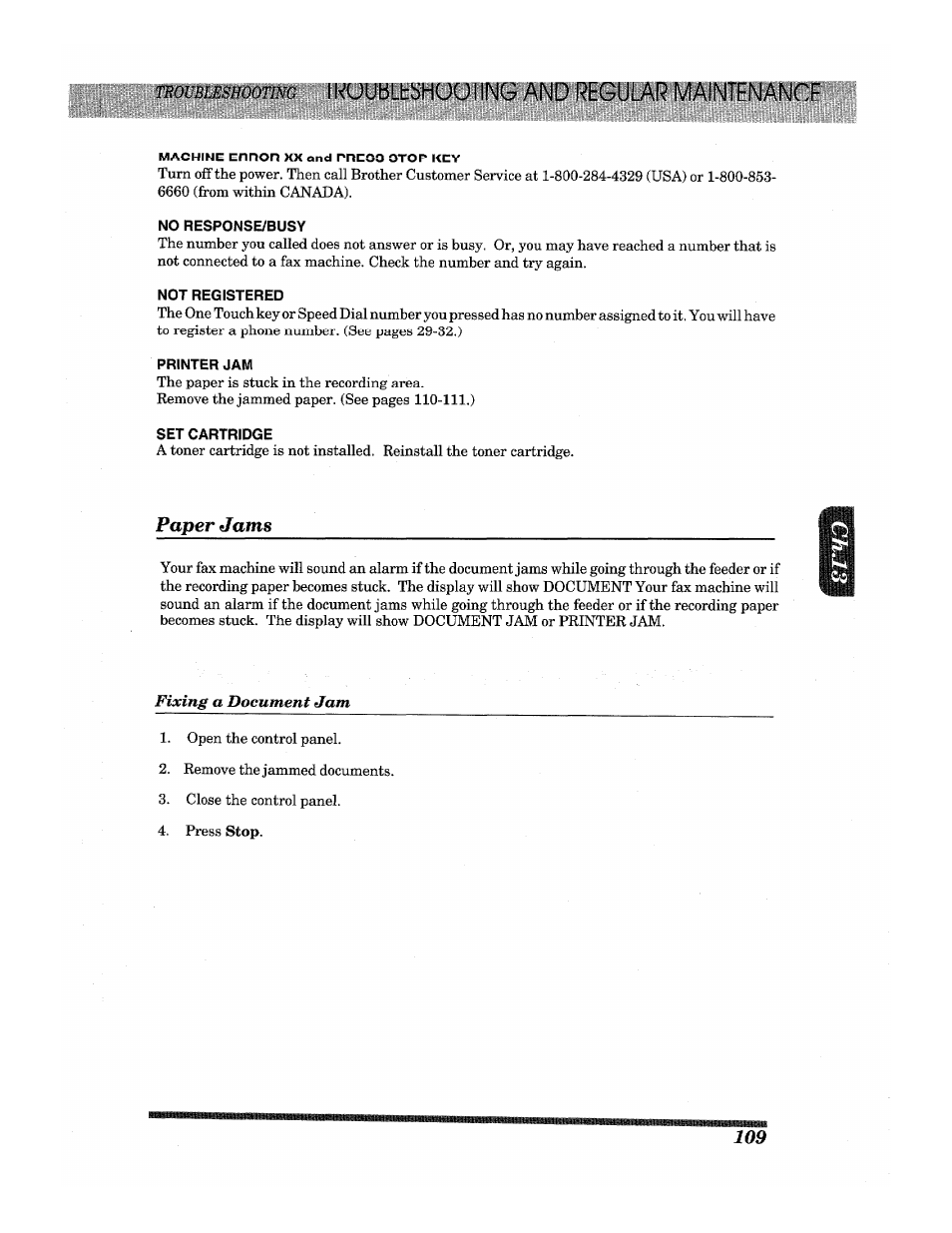 Paper jams, I l'<uublt5>huu 1ing and regular maintenance | Brother INTELLIFAX 3650 User Manual | Page 117 / 144