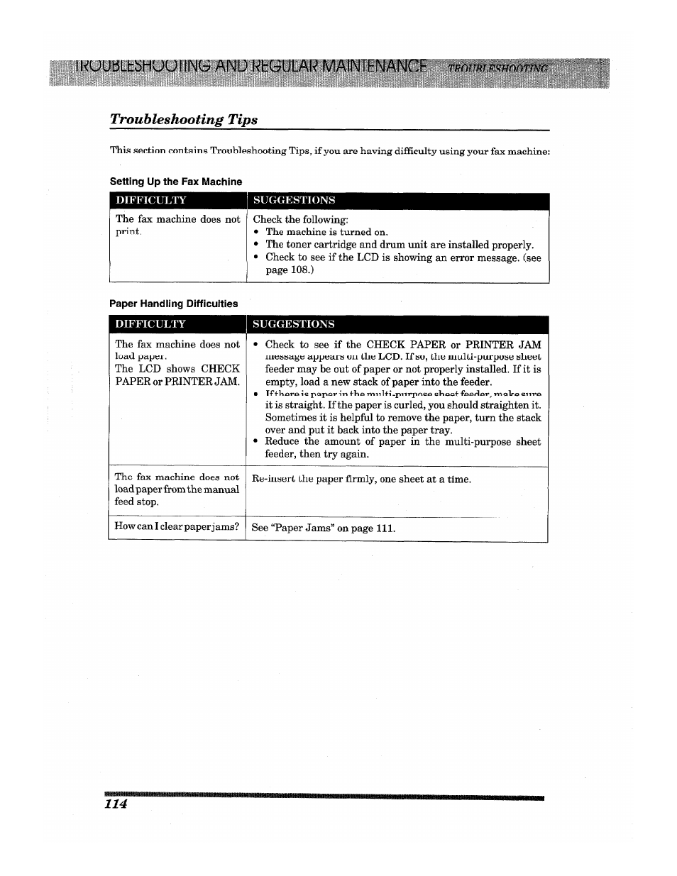 Tkoimr.fshnomo, Troubleshooting tips | Brother INTELLIFAX 3650 User Manual | Page 122 / 144