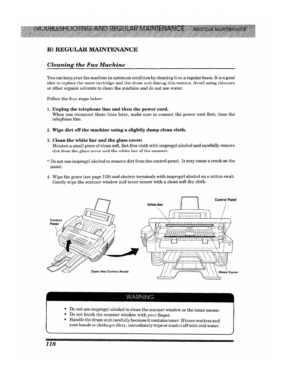 B) regular maintenance, Cleaning the fax machine, Regular maintenance cleaning the fax machine | Brother INTELLIFAX 3650 User Manual | Page 126 / 144