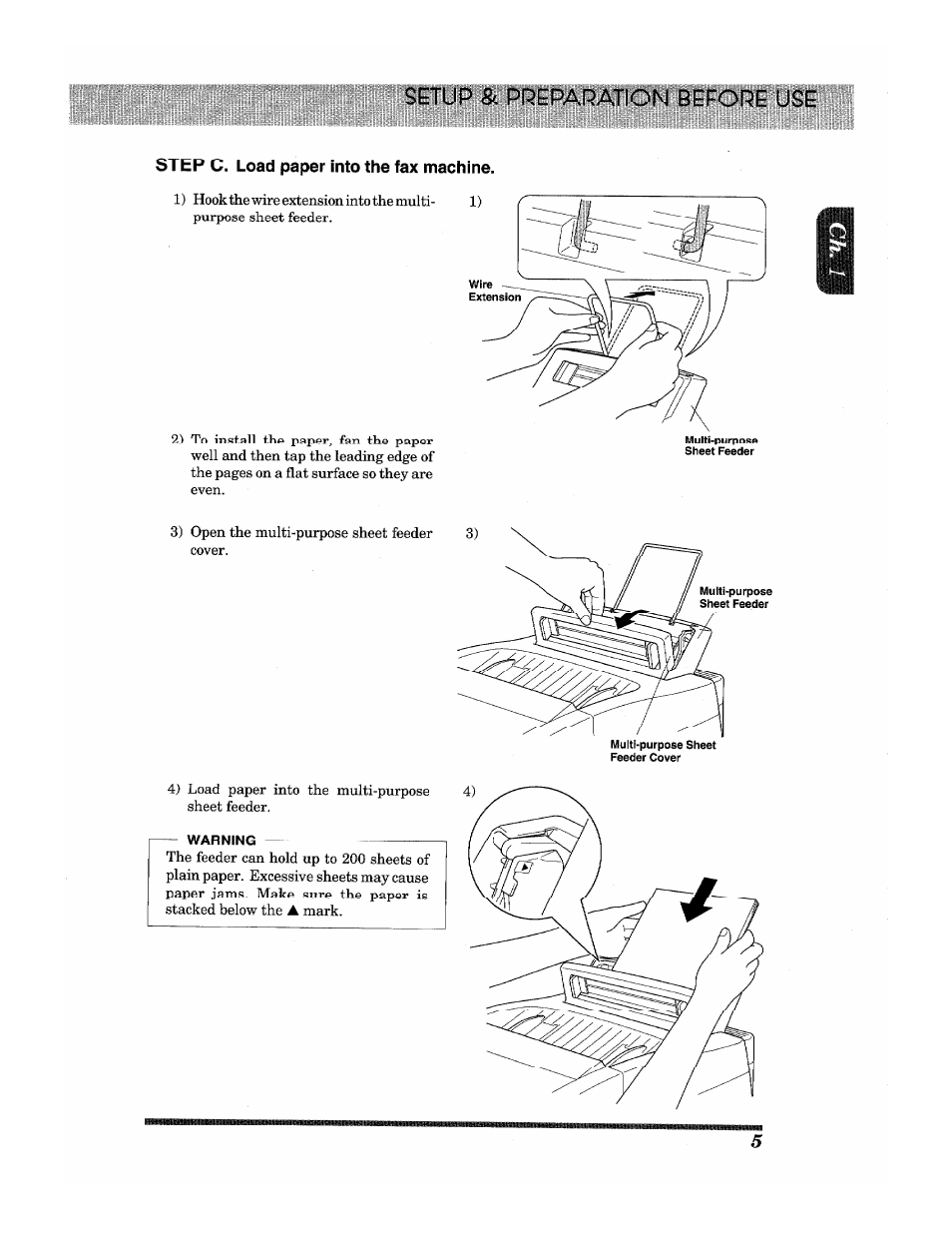 Step c. load paper into the fax machine, Setup & preparation before use | Brother INTELLIFAX 3650 User Manual | Page 13 / 144