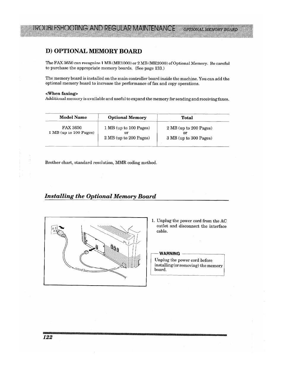 D) optional memory board, Installing the optional memory board | Brother INTELLIFAX 3650 User Manual | Page 130 / 144
