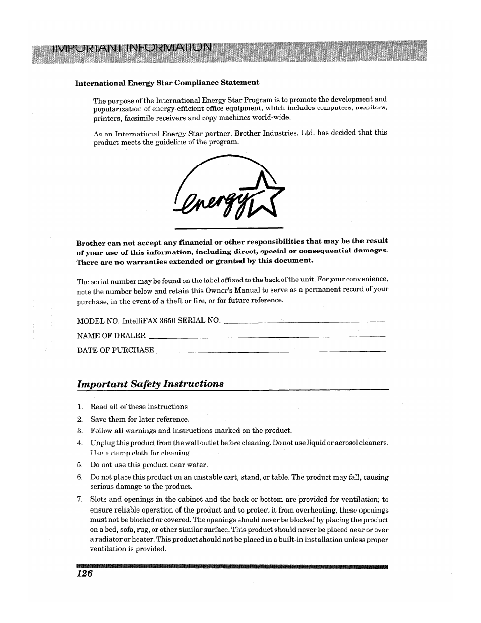 Llvih'uwlaini inhuklvlaiiun, Important safety instructions | Brother INTELLIFAX 3650 User Manual | Page 134 / 144