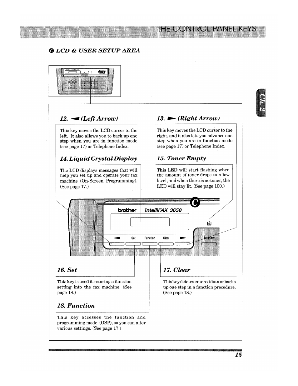 Lcd & user setup area, (left arrow), (right arrow) | Liquid crystal display, Toner empty, Function | Brother INTELLIFAX 3650 User Manual | Page 23 / 144