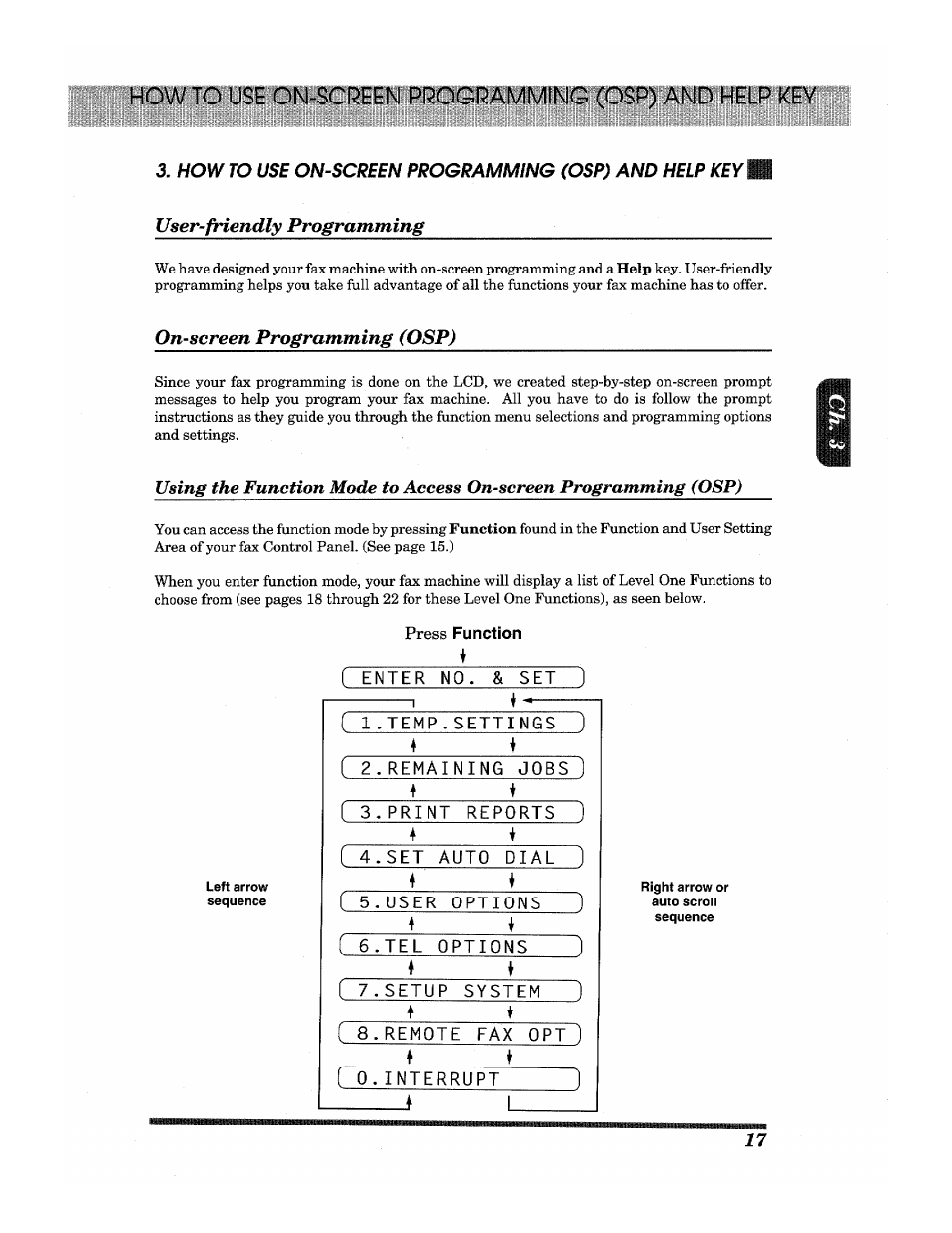 User-friendly programming, On-screen programming (osp), Press function | Enter ho. & seth, Tel options | Brother INTELLIFAX 3650 User Manual | Page 25 / 144