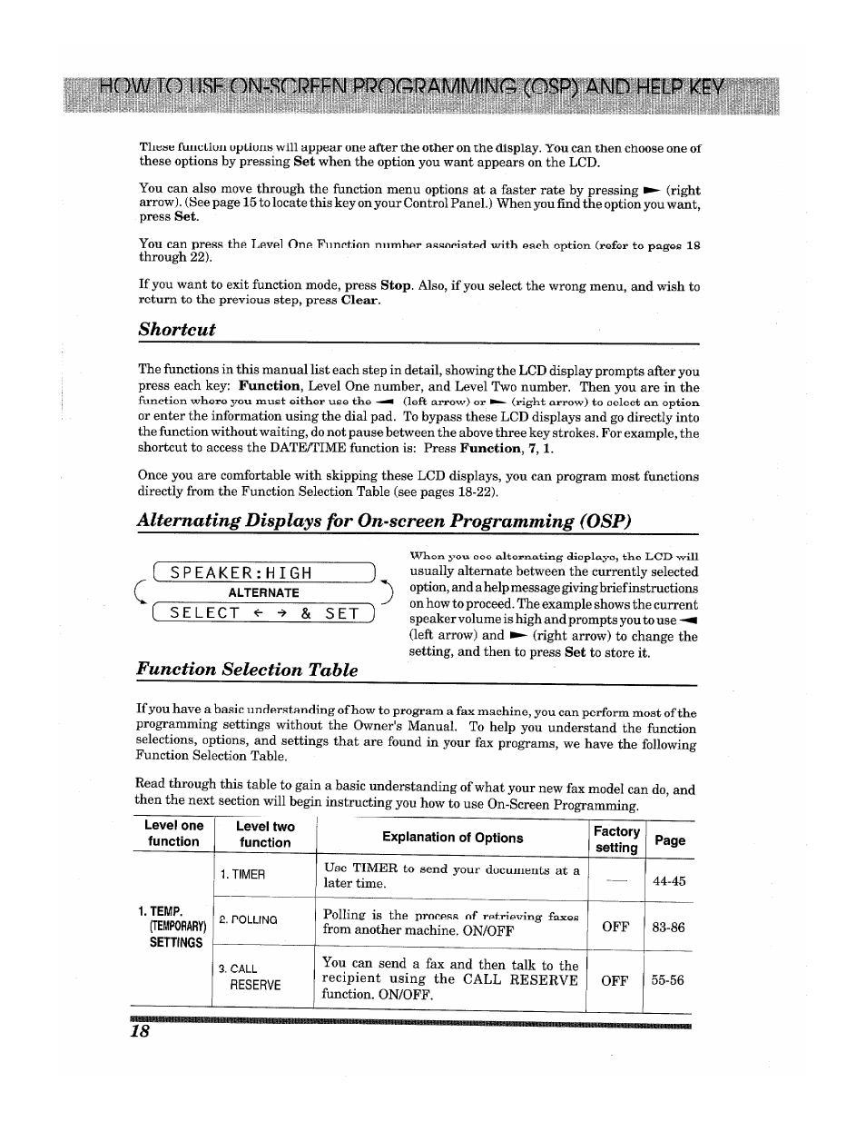 Peaker:high, Select <r & set, Use on-screen programming (osp) and help key | Shortcut, Function selection table | Brother INTELLIFAX 3650 User Manual | Page 26 / 144