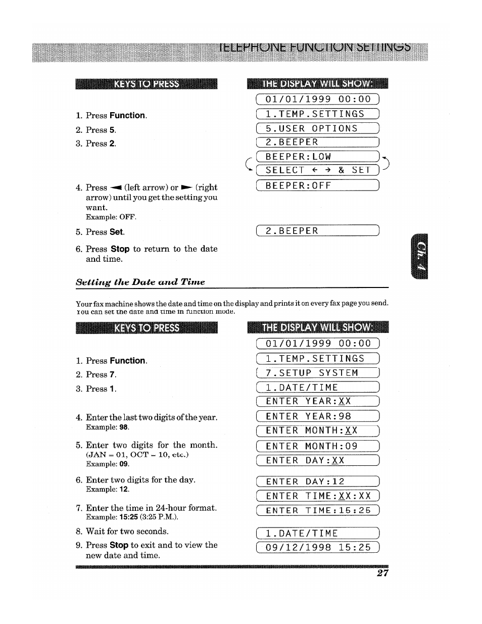 I tlhvhuinifc hunc i iun bh l illnicc^b, The display will show, Enter day:12 | Enter time:xx:xx ) [ enter time:15:25 ), L.date/time, F 09/12/1998 15:25 ) | Brother INTELLIFAX 3650 User Manual | Page 35 / 144
