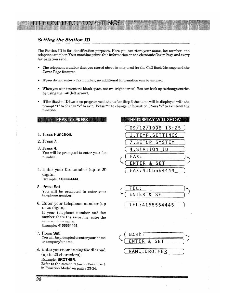 Setting the station id, Press function, Press 7 | Press 4, Enter your fax number (up to 20 digits), Press set, Enter your telephone number (up to 20 digits), Ми1!д'!яш'1таш, Station id, Enter & set | Brother INTELLIFAX 3650 User Manual | Page 36 / 144