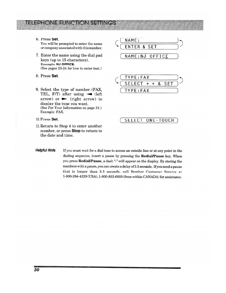 Tfi.ephone eunction sehings, Name, Enter & set | Name:nj office ), F type:fax, I select ^ & sm | Brother INTELLIFAX 3650 User Manual | Page 38 / 144