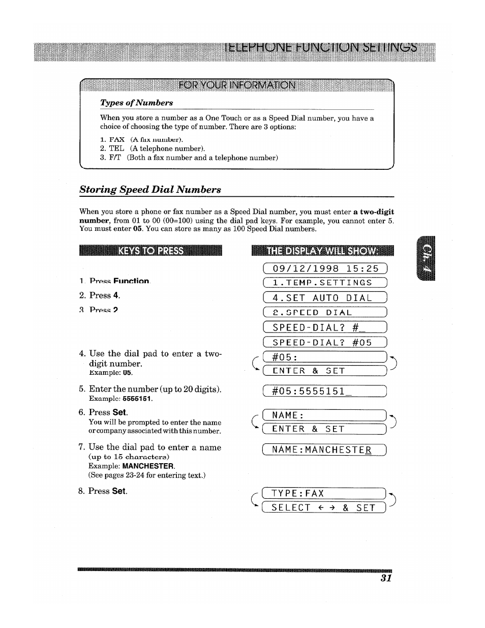 I hlthhuimb l-unu i lun bh 11 intib, For your information, Storing speed dial numbers | Press 4, Press 2, Use the dial pad to enter a two- digit number, Press set, Use the dial pad to enter a name, I 2.speed-dial, Enter & set | Brother INTELLIFAX 3650 User Manual | Page 39 / 144