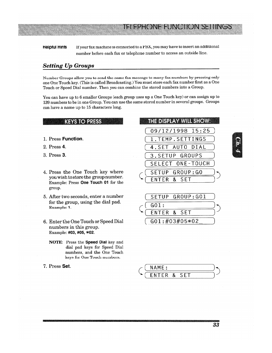 Ifcltphonb hunciiun bbl linc^b, Setting up groups, Press function | Name, Enter & set | Brother INTELLIFAX 3650 User Manual | Page 41 / 144