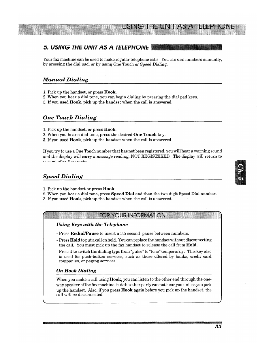 Manual dialing, One touch dialing, Speed dialing | Brother INTELLIFAX 3650 User Manual | Page 43 / 144