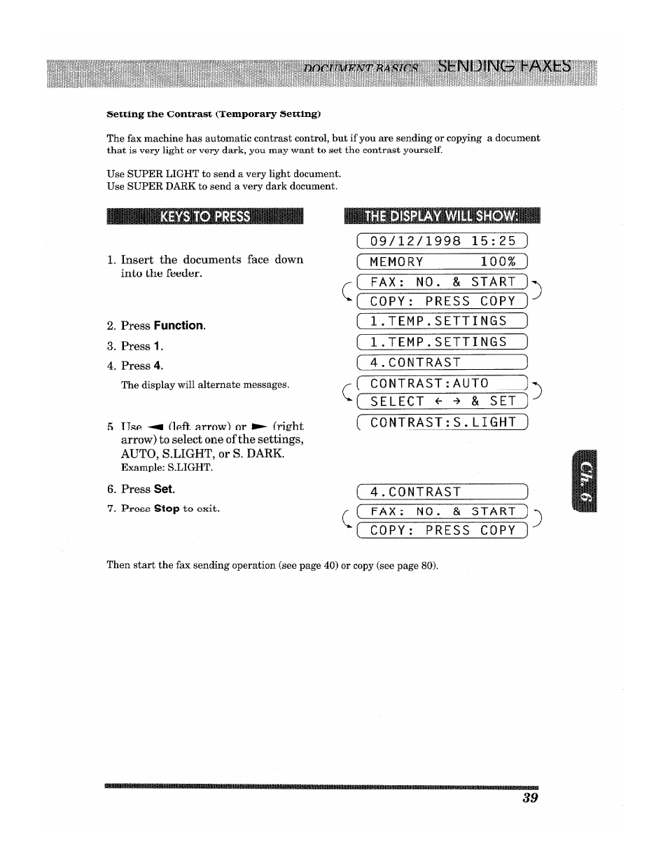 Keys to press, Press function | Brother INTELLIFAX 3650 User Manual | Page 47 / 144