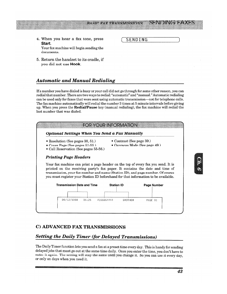 When you hear a fax tone, press start, Automatic and manual redialing, For your information | C) advanced fax transmissions, Stnding haxhs | Brother INTELLIFAX 3650 User Manual | Page 51 / 144