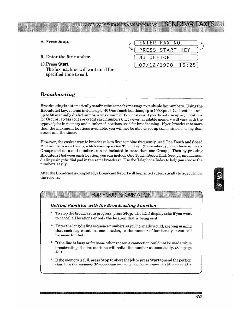9, enter the fax number, Press start, I press start key^) | Nj office, Broadcasting, For your information, Sending faxes | Brother INTELLIFAX 3650 User Manual | Page 53 / 144