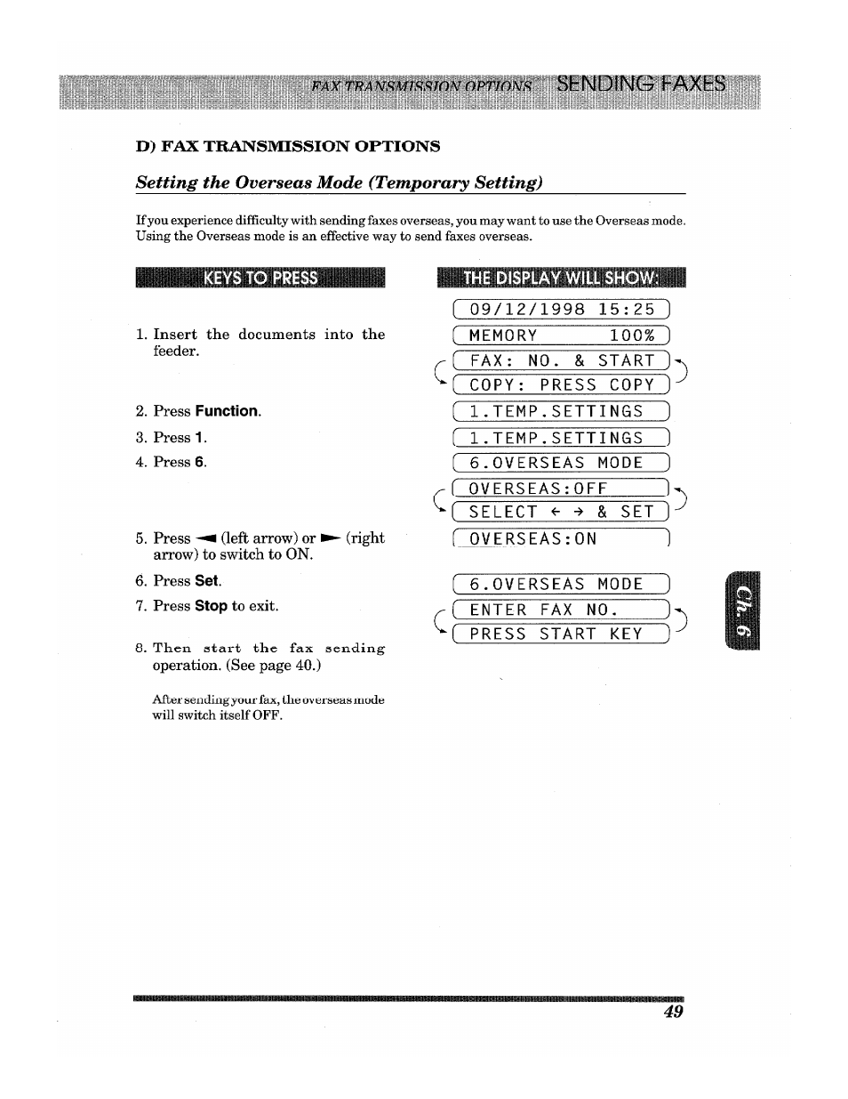 Setting the overseas mode (temporary setting), Sending faxes | Brother INTELLIFAX 3650 User Manual | Page 57 / 144