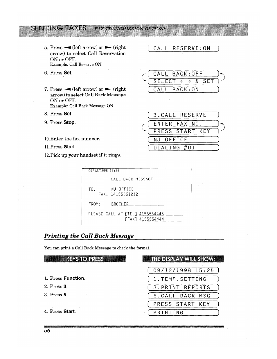Printing the call back message, Shnding faxes | Brother INTELLIFAX 3650 User Manual | Page 64 / 144