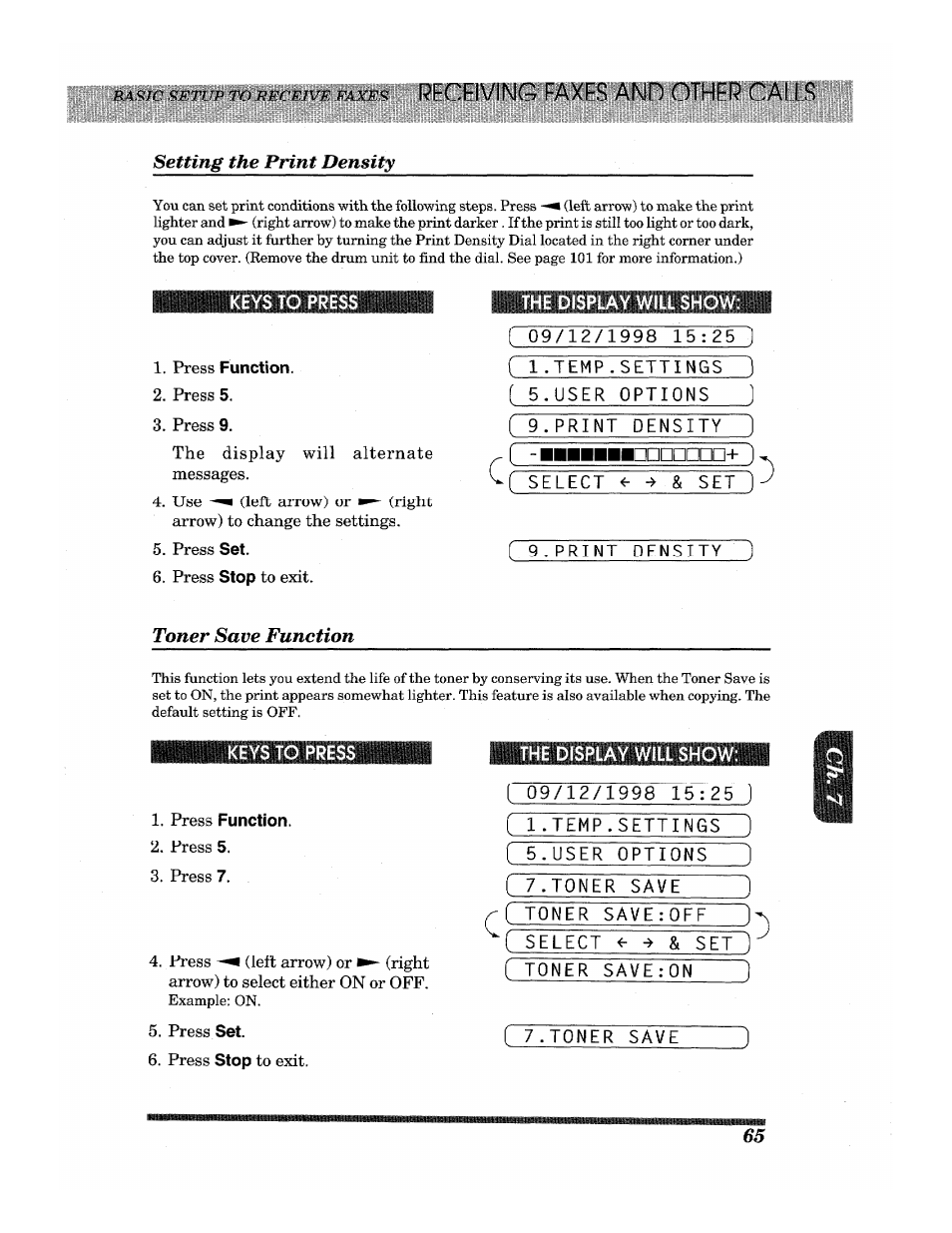 Setting the print density, Press function, Toner save function | Setting the print density toner save function, Тпппгп-г) | Brother INTELLIFAX 3650 User Manual | Page 73 / 144