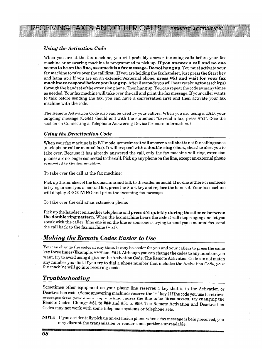 Lihcblving faxes and other calls remote activation, Making the remote codes easier to use, Troubleshooting | Lihcblving faxes and other calls | Brother INTELLIFAX 3650 User Manual | Page 76 / 144