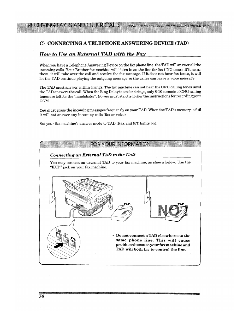 C) connecting a telephone answering device (tad), How to use an external tad with the fax, For your information | Brother INTELLIFAX 3650 User Manual | Page 78 / 144