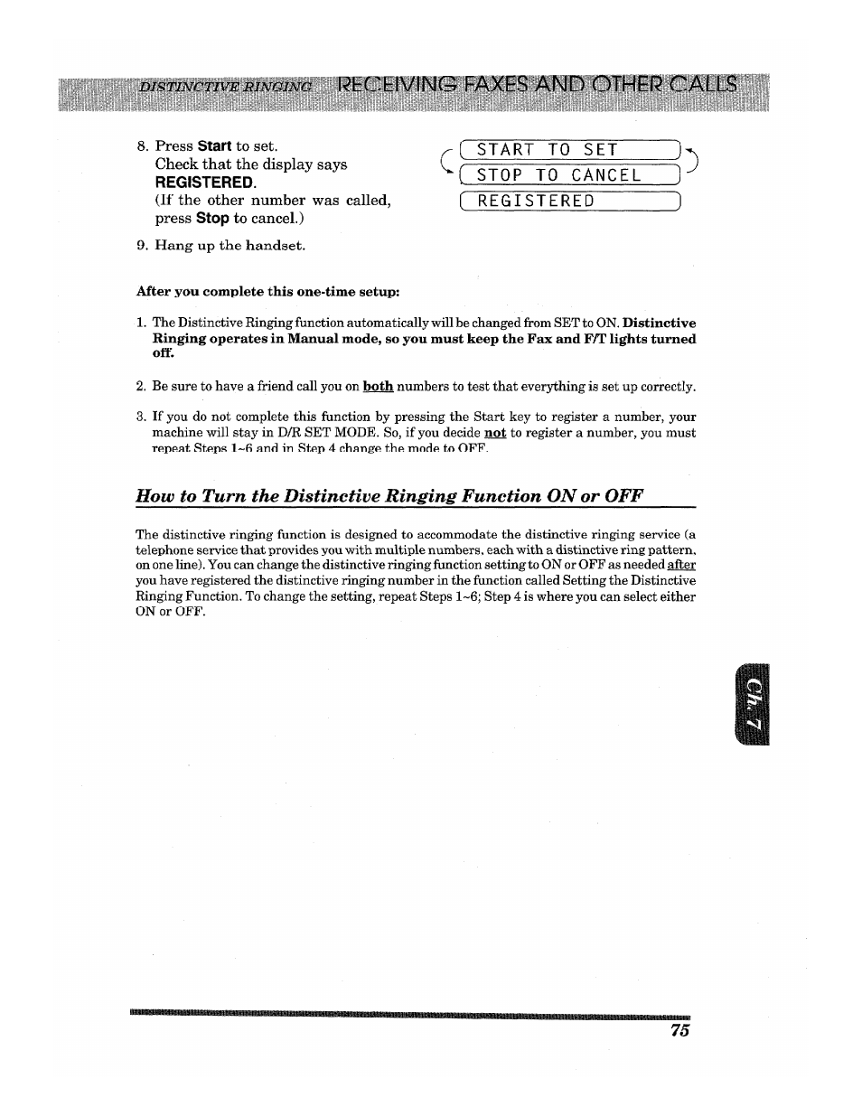 Press start to set, Check that the display says, Registered | Hang up the handset, Start to set, I stop to cancel, Setting the distinctive ringing function | Brother INTELLIFAX 3650 User Manual | Page 83 / 144