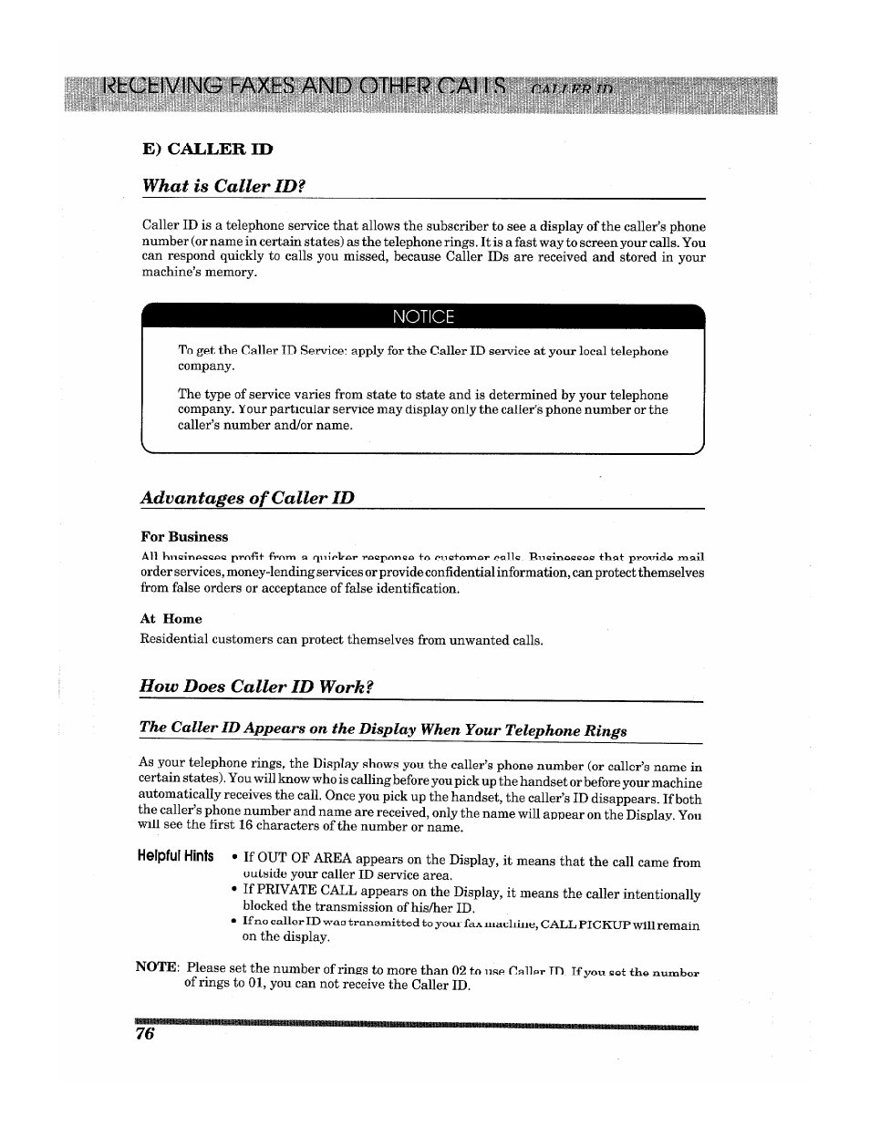 Kbcblving haxbs and other calls callrr w, E) caller id what is caller id, Advantages of caller id | How does caller id work, Advantages of caller id how does caller id work, Kbcblving haxbs and other calls, What is caller id | Brother INTELLIFAX 3650 User Manual | Page 84 / 144
