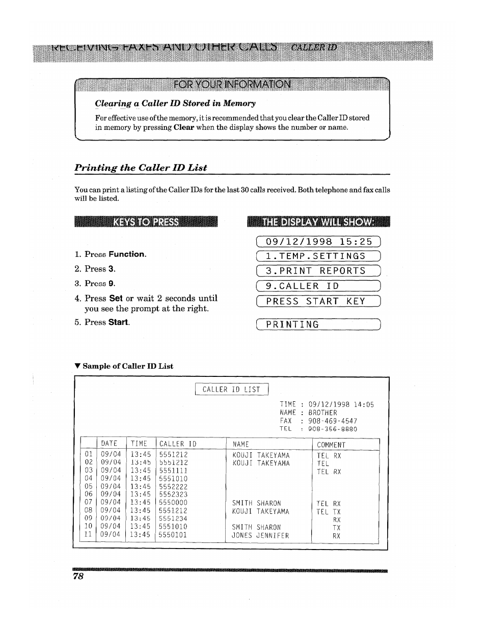 Kfl. -i-i t-aahï) anu ui mhk uallb caller w, For your information, Printing the caller id list | Press function, Press 3, Press 9, Press start, Caller id, Press start key 1, Printing | Brother INTELLIFAX 3650 User Manual | Page 86 / 144