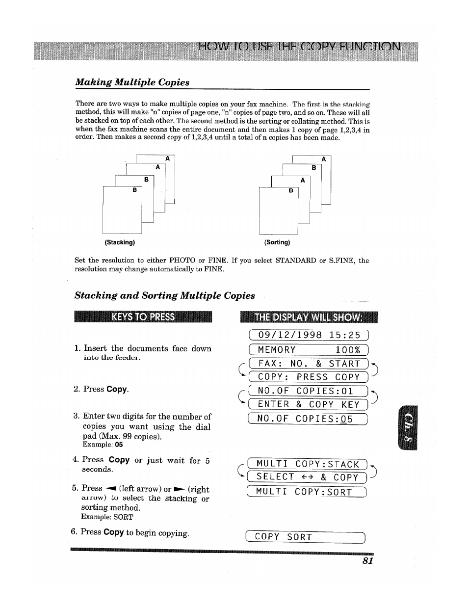 Huw lu usb ihb copy bunction, Making multiple copies, Stacking and sorting multiple copies | Brother INTELLIFAX 3650 User Manual | Page 89 / 144