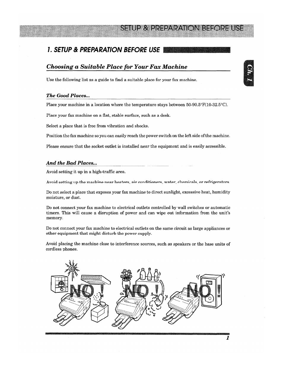 Choosing a suitable place for your fax machine, Setup & preparation before use | Brother INTELLIFAX 3650 User Manual | Page 9 / 144
