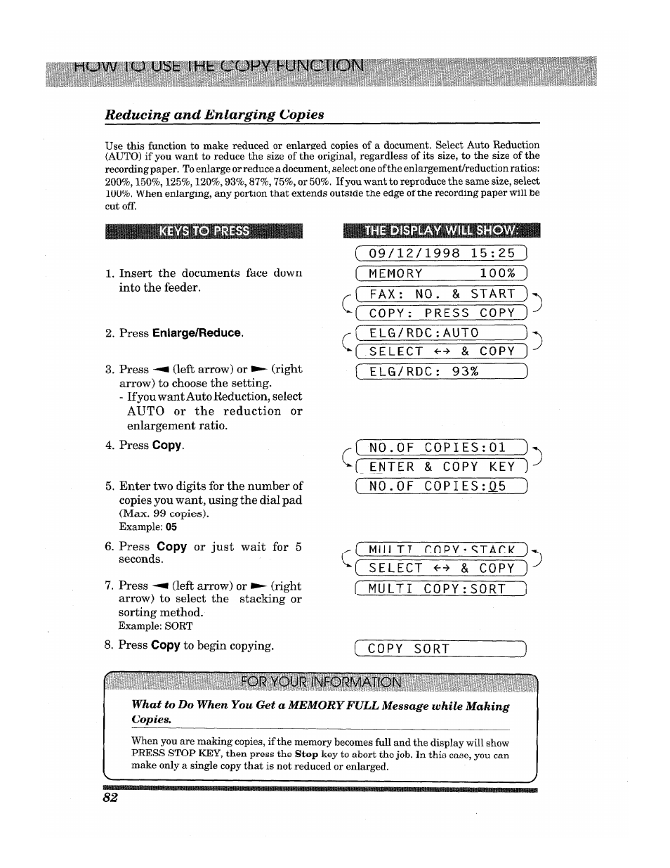 Huw lu ubib ihb copy hunciion, Reducing and enlarging copies, Press eniarge/reduce | Memory, Fax: n0. & start) ( copy: press copw), F elg/rdc:auto, Select <--> & copy), Elg/rdc: 93, R[ no.of copies:01, Enter & copy key j^ ( no.oe c0pies:05 ) | Brother INTELLIFAX 3650 User Manual | Page 90 / 144