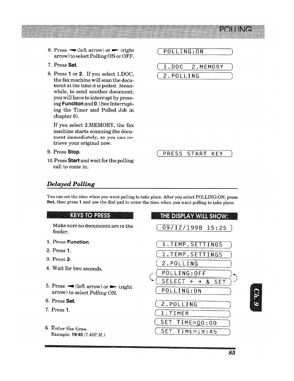 I p0lling:0n, L.doc 2.mem0ry), F 2.p0lling | F press start key), The display will show, Press function, Ft. enter the time | Brother INTELLIFAX 3650 User Manual | Page 93 / 144