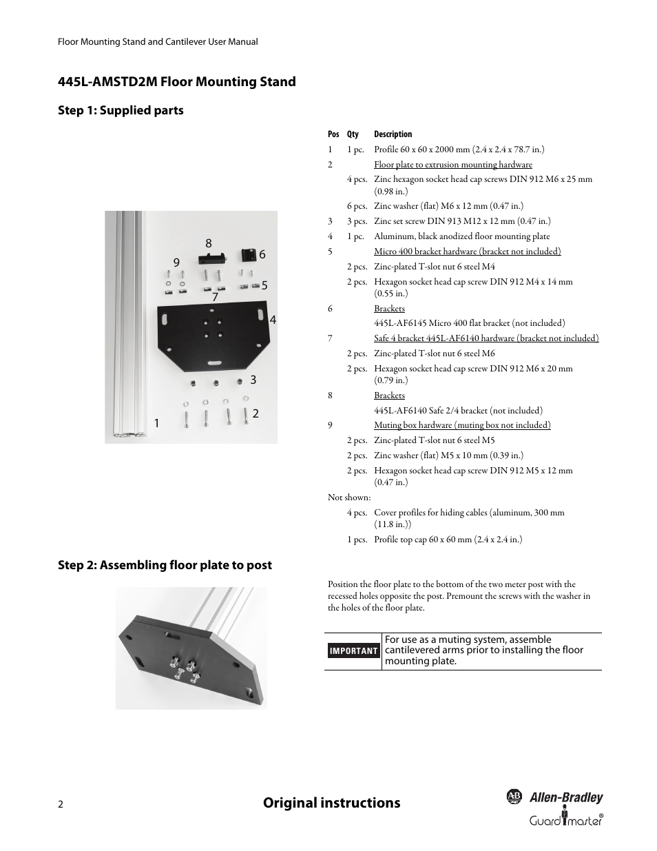 Original instructions, 445l-amstd2m floor mounting stand | Rockwell Automation 445L Floor Mounting Column and Cantilever User Manual User Manual | Page 4 / 12