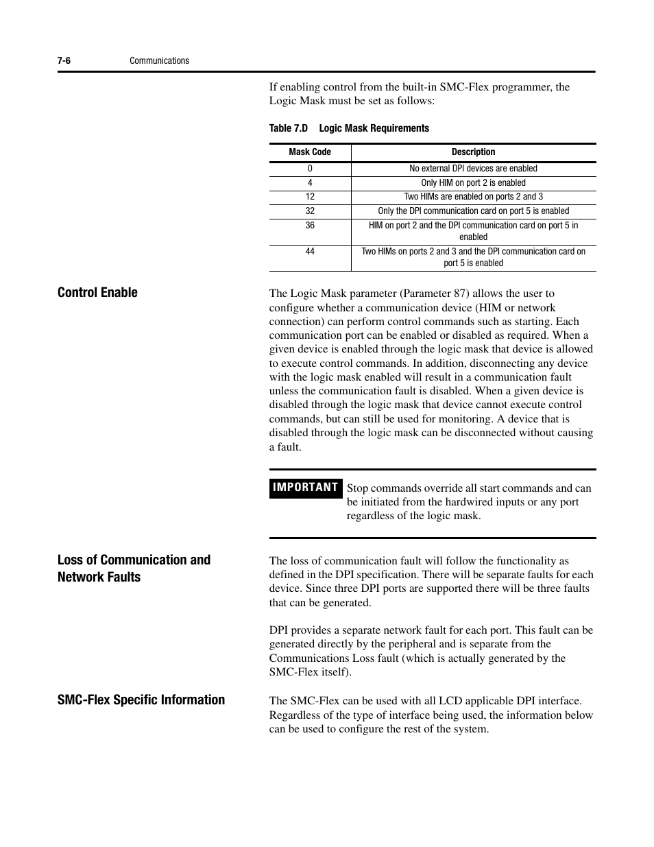 Control enable, Loss of communication and network faults, Smc-flex specific information | Rockwell Automation 150 SMC-Flex User Manual User Manual | Page 110 / 162