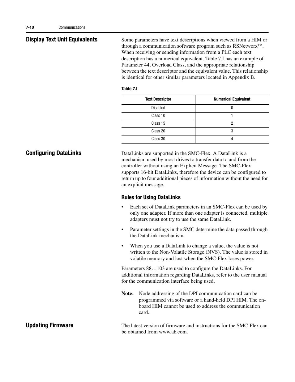 Display text unit equivalents, Configuring datalinks, Updating firmware | Rockwell Automation 150 SMC-Flex User Manual User Manual | Page 114 / 162