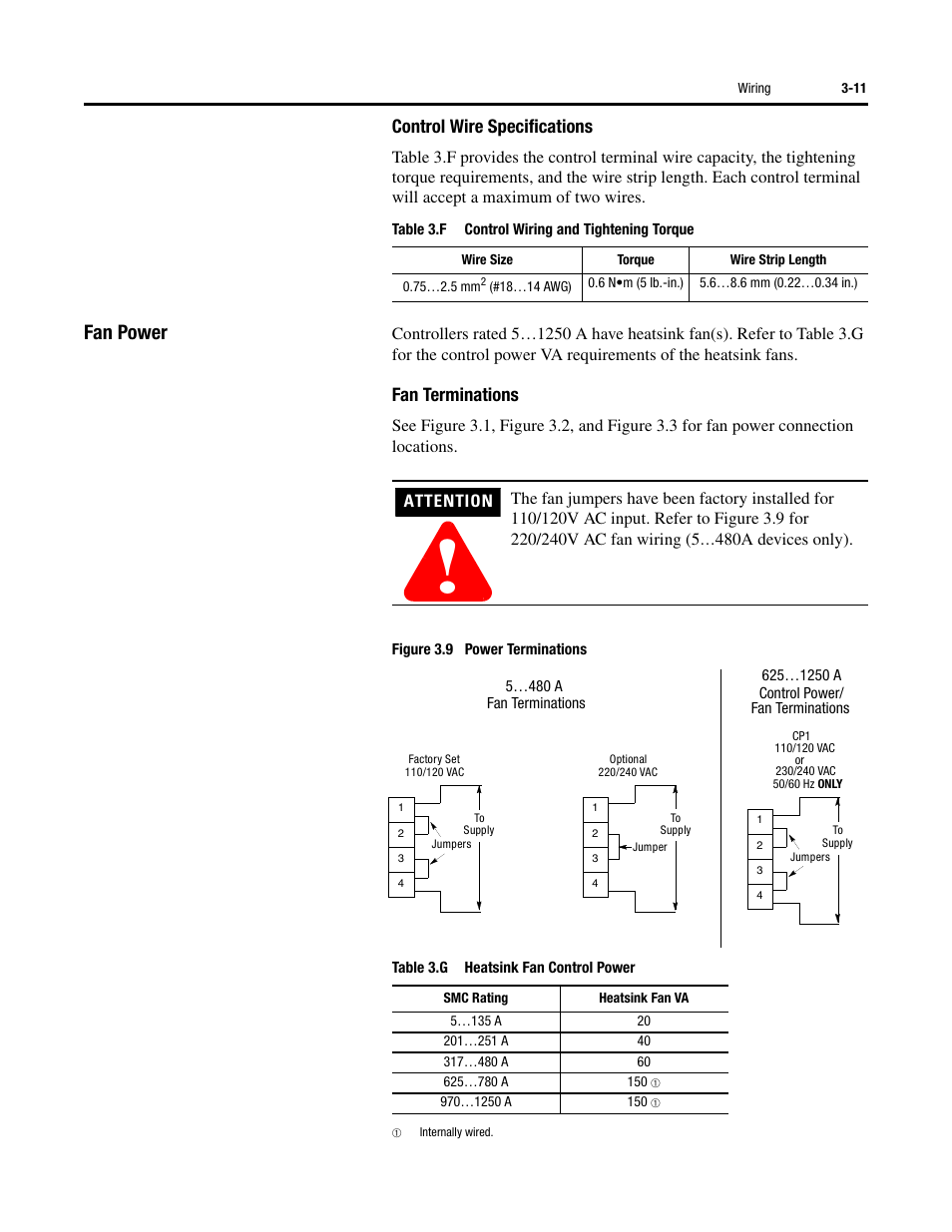 Fan power, Control wire specifications, Fan terminations | Rockwell Automation 150 SMC-Flex User Manual User Manual | Page 55 / 162