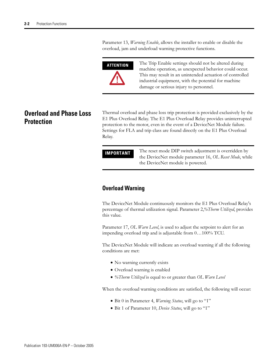 Overload and phase loss protection, Overload warning | Rockwell Automation 193-EDN E1Plus Overload Relays - DeviceNet Module User Manual | Page 12 / 76