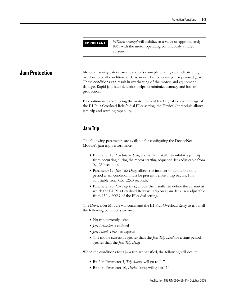 Jam protection, Jam trip | Rockwell Automation 193-EDN E1Plus Overload Relays - DeviceNet Module User Manual | Page 13 / 76