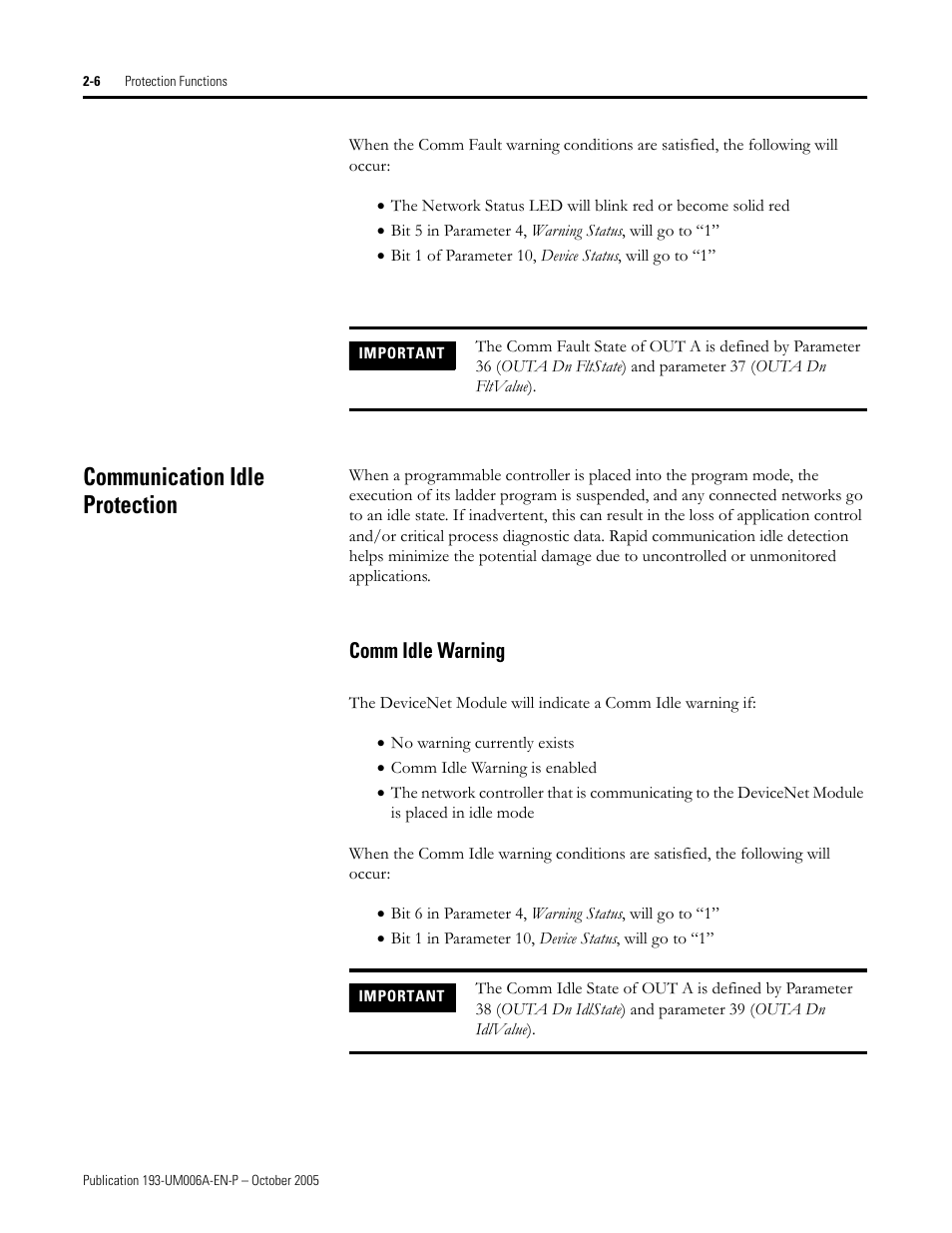 Communication idle protection, Comm idle warning | Rockwell Automation 193-EDN E1Plus Overload Relays - DeviceNet Module User Manual | Page 16 / 76