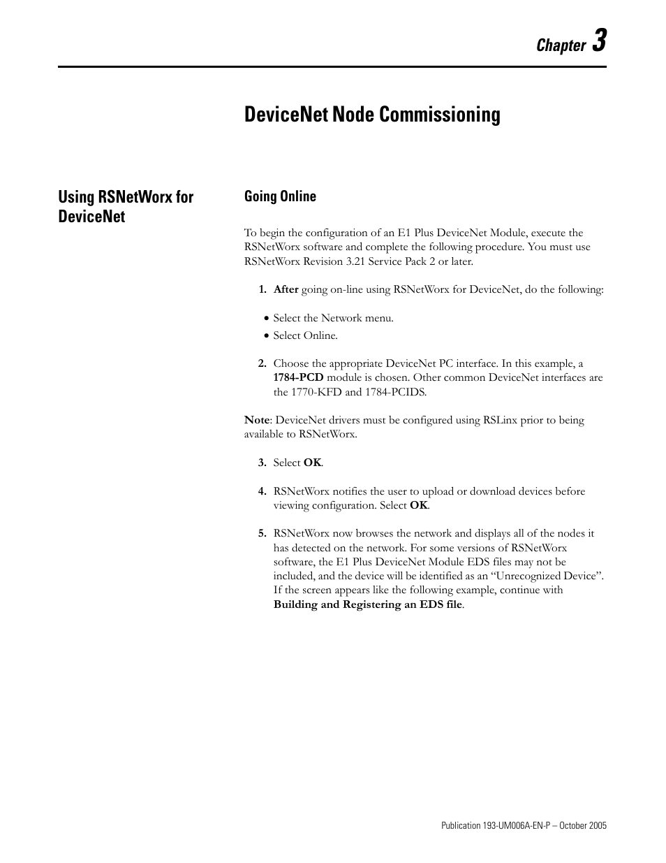 Devicenet node commissioning, Chapter, Using rsnetworx for devicenet | Rockwell Automation 193-EDN E1Plus Overload Relays - DeviceNet Module User Manual | Page 17 / 76