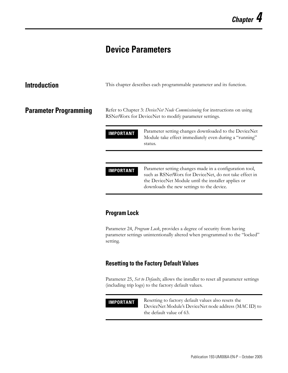 Device parameters, Chapter, Introduction | Parameter programming | Rockwell Automation 193-EDN E1Plus Overload Relays - DeviceNet Module User Manual | Page 25 / 76