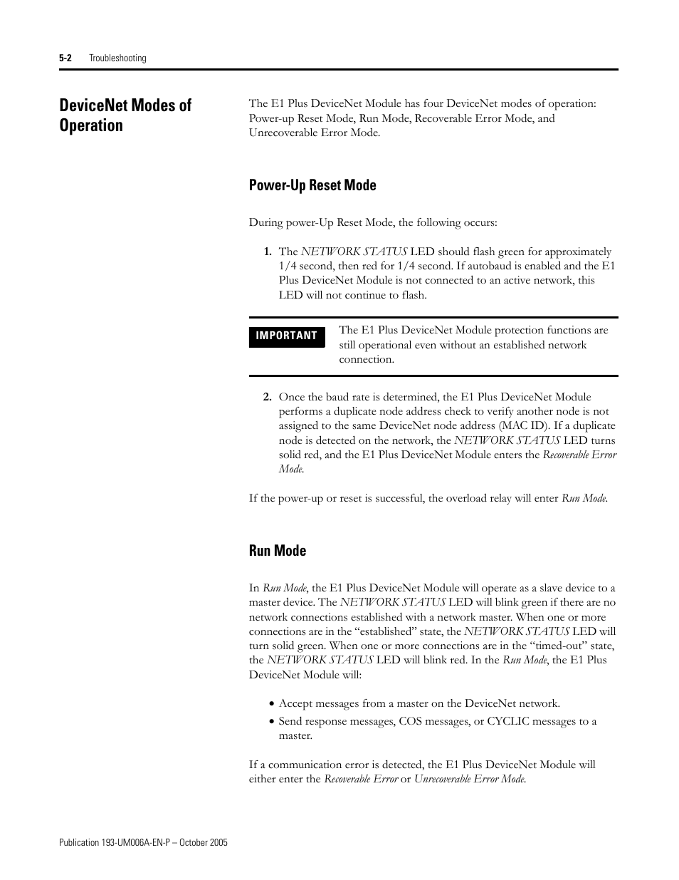 Devicenet modes of operation, Power-up reset mode, Run mode | Rockwell Automation 193-EDN E1Plus Overload Relays - DeviceNet Module User Manual | Page 42 / 76