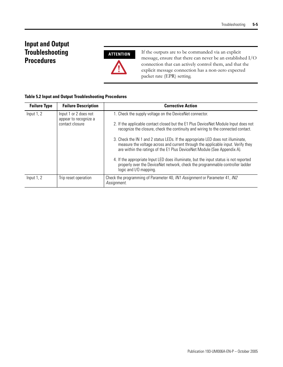 Input and output troubleshooting procedures | Rockwell Automation 193-EDN E1Plus Overload Relays - DeviceNet Module User Manual | Page 45 / 76