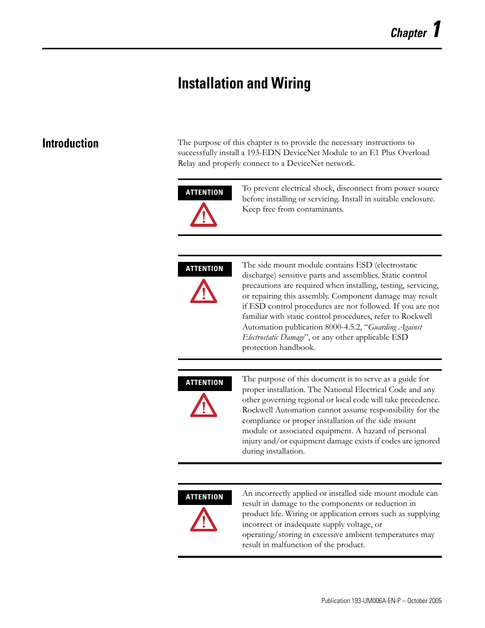 Installation and wiring, Chapter, Introduction | Rockwell Automation 193-EDN E1Plus Overload Relays - DeviceNet Module User Manual | Page 5 / 76