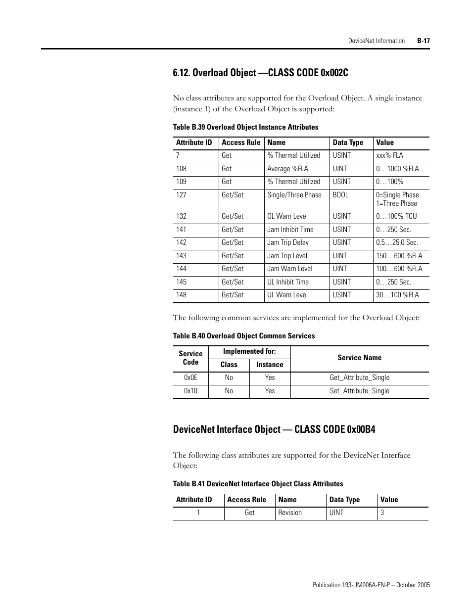 Overload object —class code 0x002c, Devicenet interface object — class code 0x00b4 | Rockwell Automation 193-EDN E1Plus Overload Relays - DeviceNet Module User Manual | Page 69 / 76