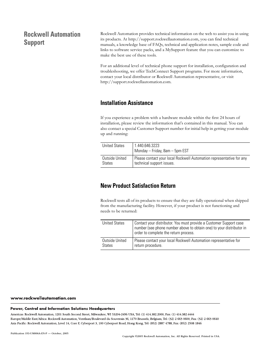 Rockwell automation support, Installation assistance, New product satisfaction return | Rockwell Automation 193-EDN E1Plus Overload Relays - DeviceNet Module User Manual | Page 76 / 76