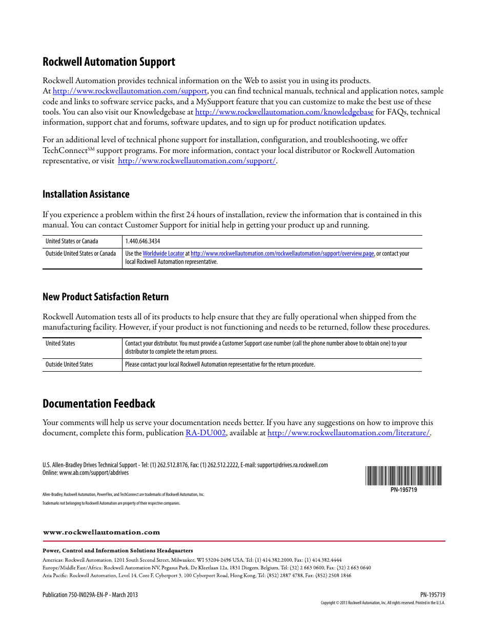 Rockwell automation support, Documentation feedback, Installation assistance | New product satisfaction return | Rockwell Automation 20G PowerFlex 755 Side DC Bus Bar - Frame 8 (BUS1A) User Manual | Page 4 / 4