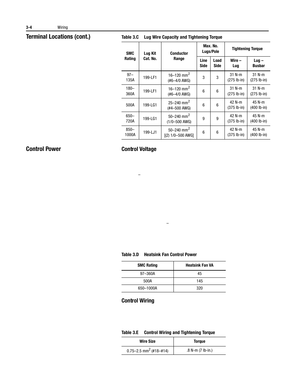 Terminal locations (cont.), Control power, Control voltage | Control wiring | Rockwell Automation 150 USE MN/SMC DIALOG + CONTROLLER User Manual | Page 50 / 189