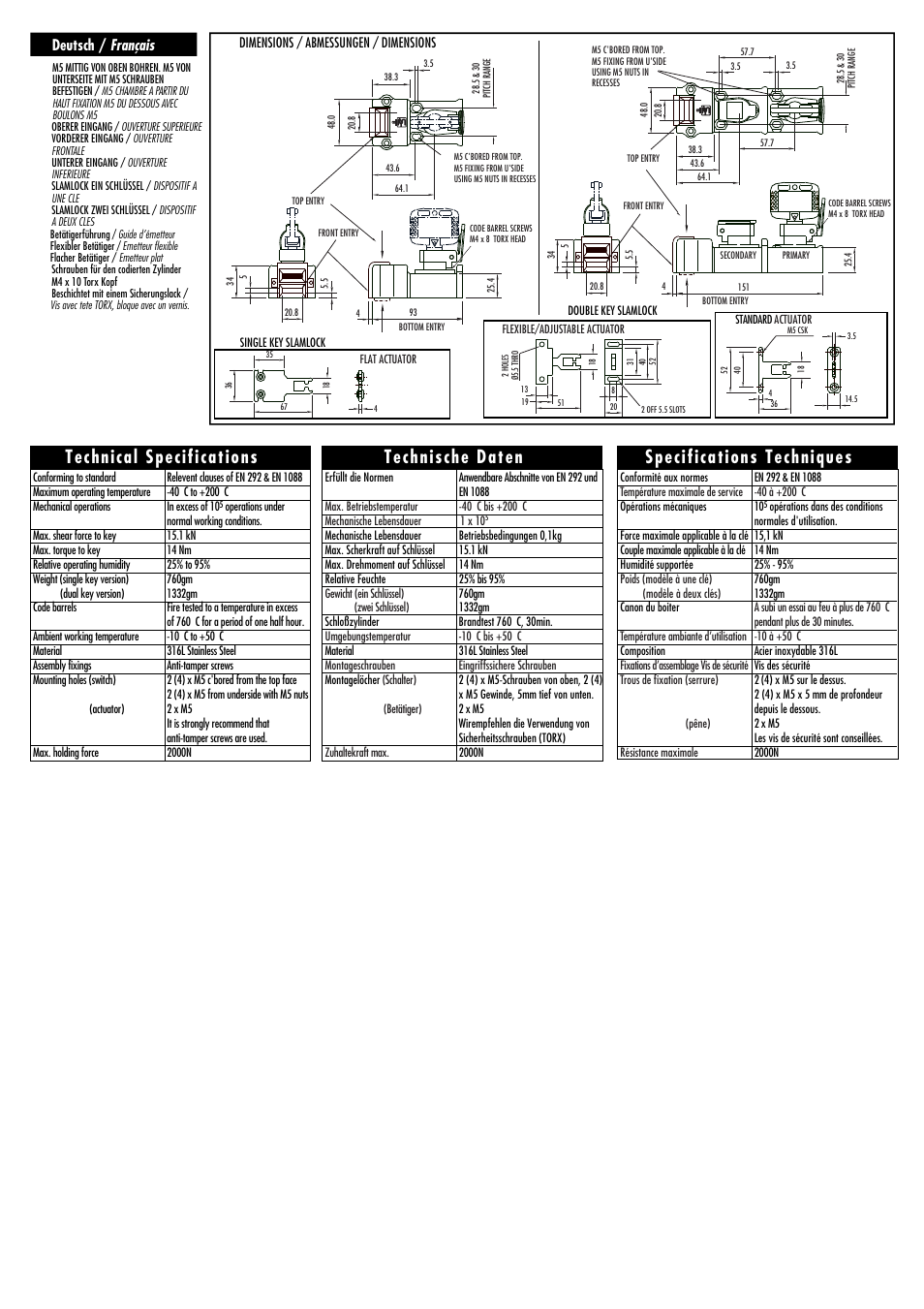 Technical specifications, Technische daten, Specifications techniques | Deutsch / français | Rockwell Automation 440T Slamlock Trapped Key Interlock Switch User Manual | Page 3 / 4