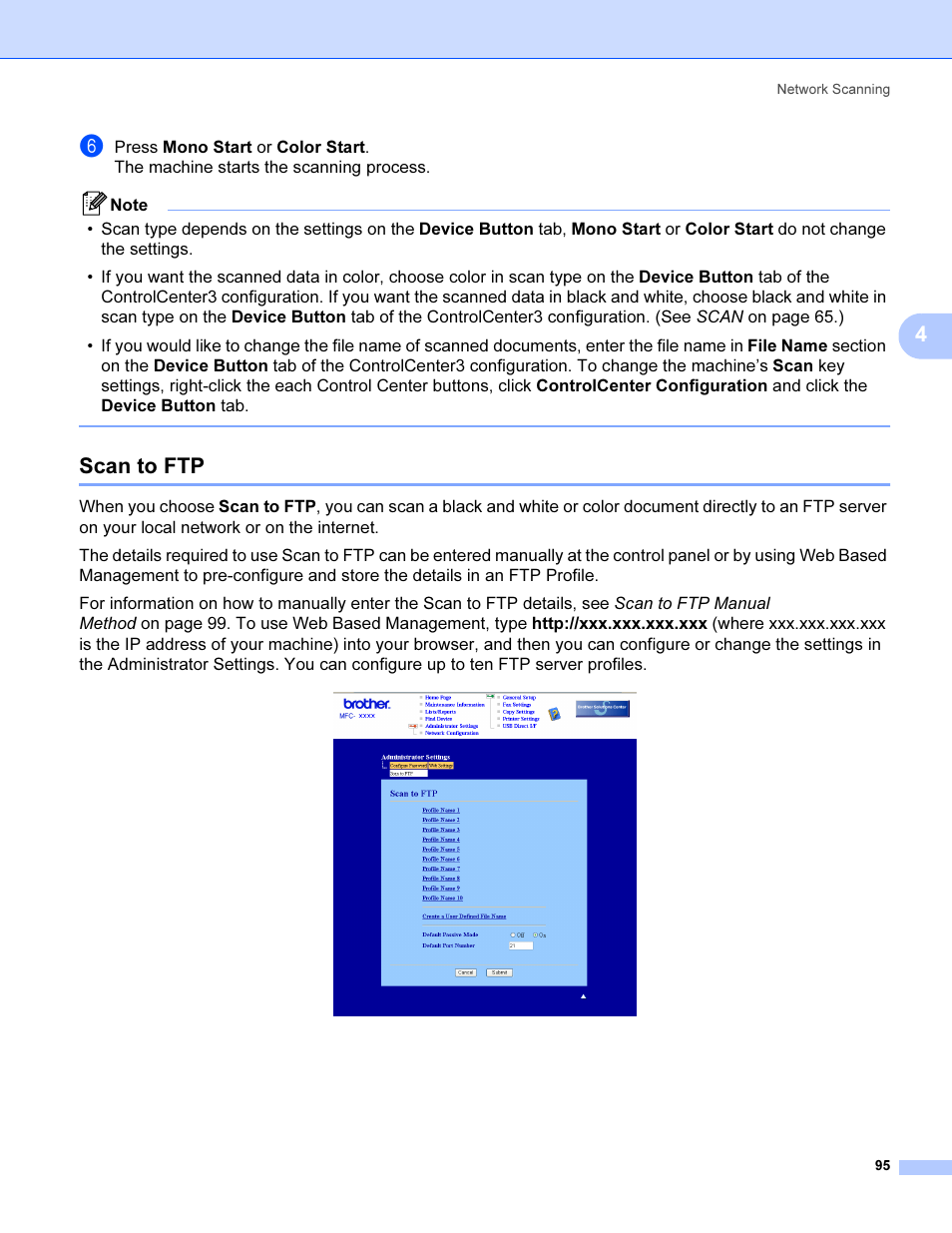 Scan to ftp | Brother MFC 9840CDW User Manual | Page 102 / 221
