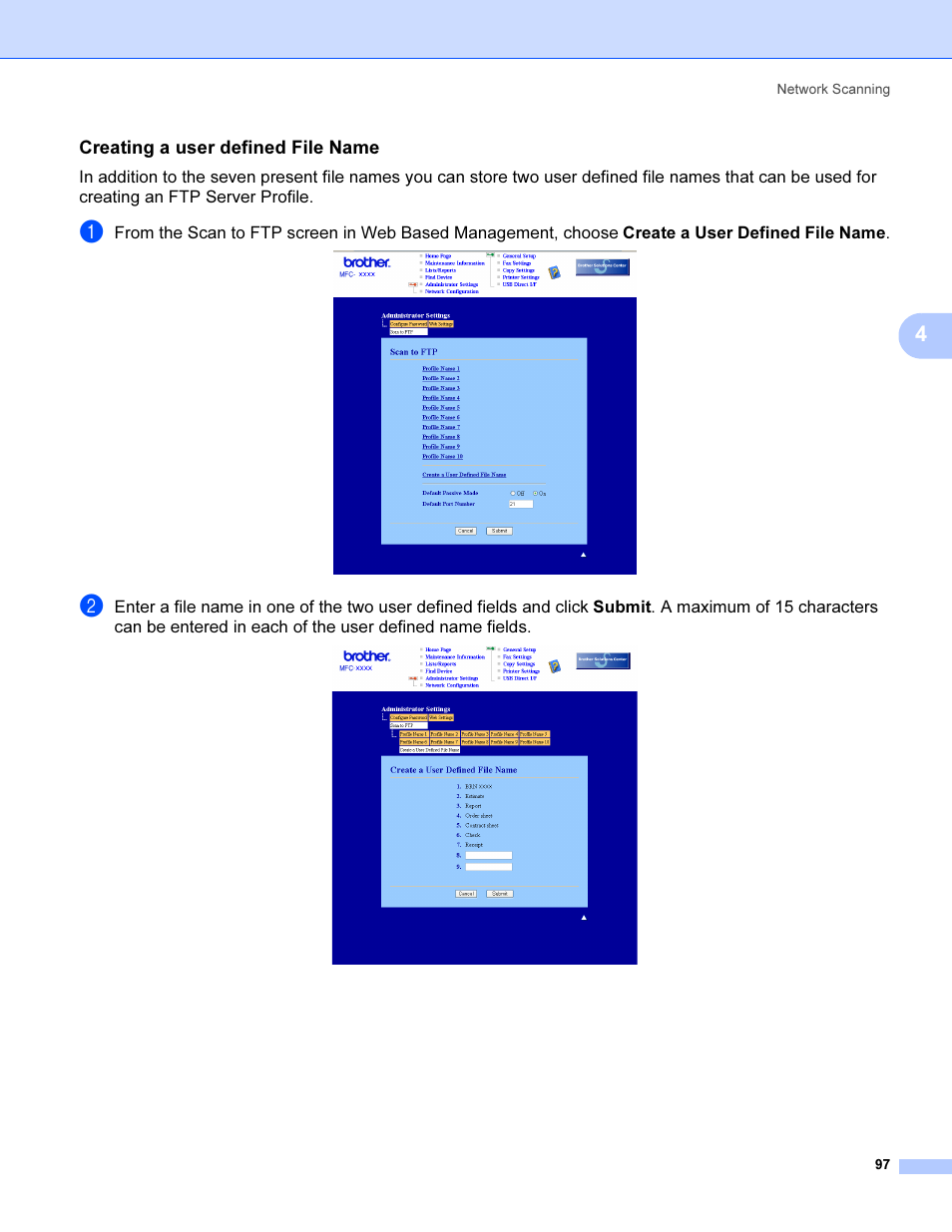 Creating a user defined file name | Brother MFC 9840CDW User Manual | Page 104 / 221